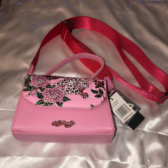 Ed Hardy Handbags - Ed Hardy Pink Multi Faux Leather Top Handle Crossbody Bag Leopard & Floral NWT
